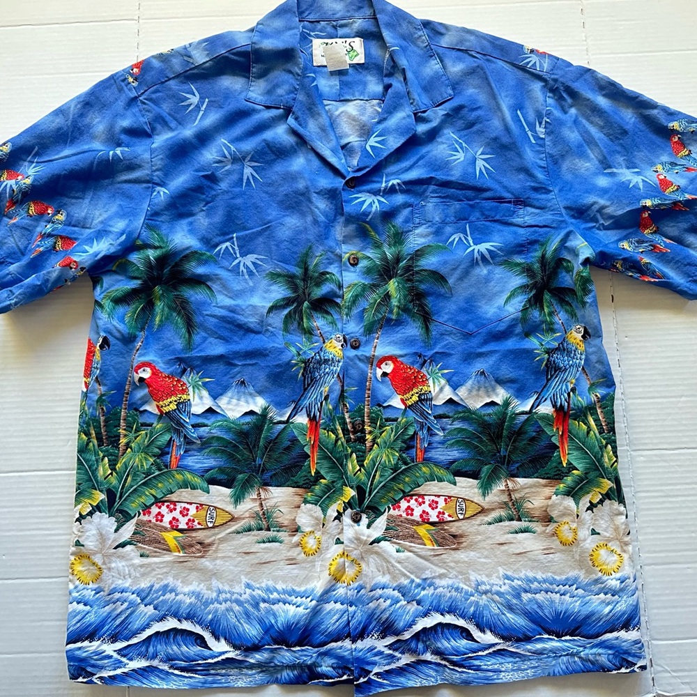 KYs Hawaiian Shirt Mens Size XL Macaw Parrots Beach Palm Trees Vintage USA‎